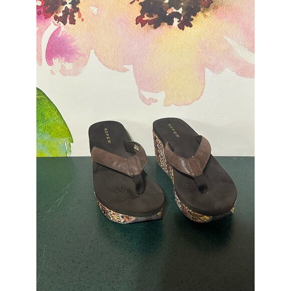 Womens Roper Wedge Sandles Brown/Multicolor with Sequin - Size 10 - Picture 1 of 6
